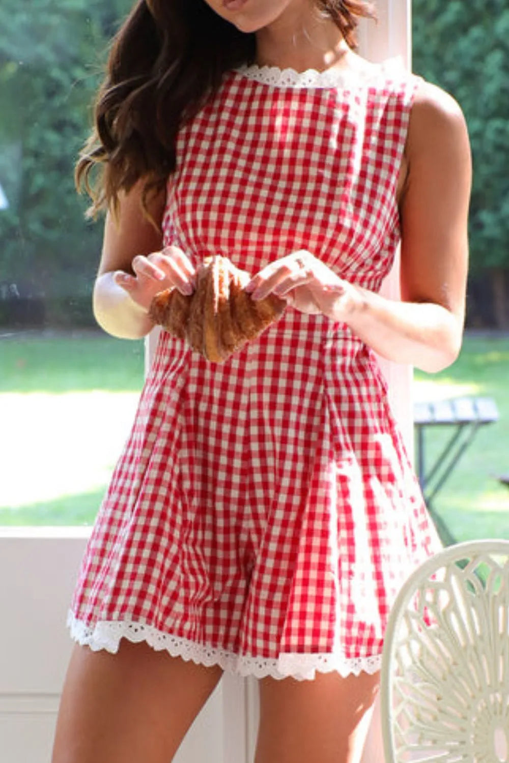 Lace Detail Plaid Sleeveless Romper - Velora Luxury Fashion