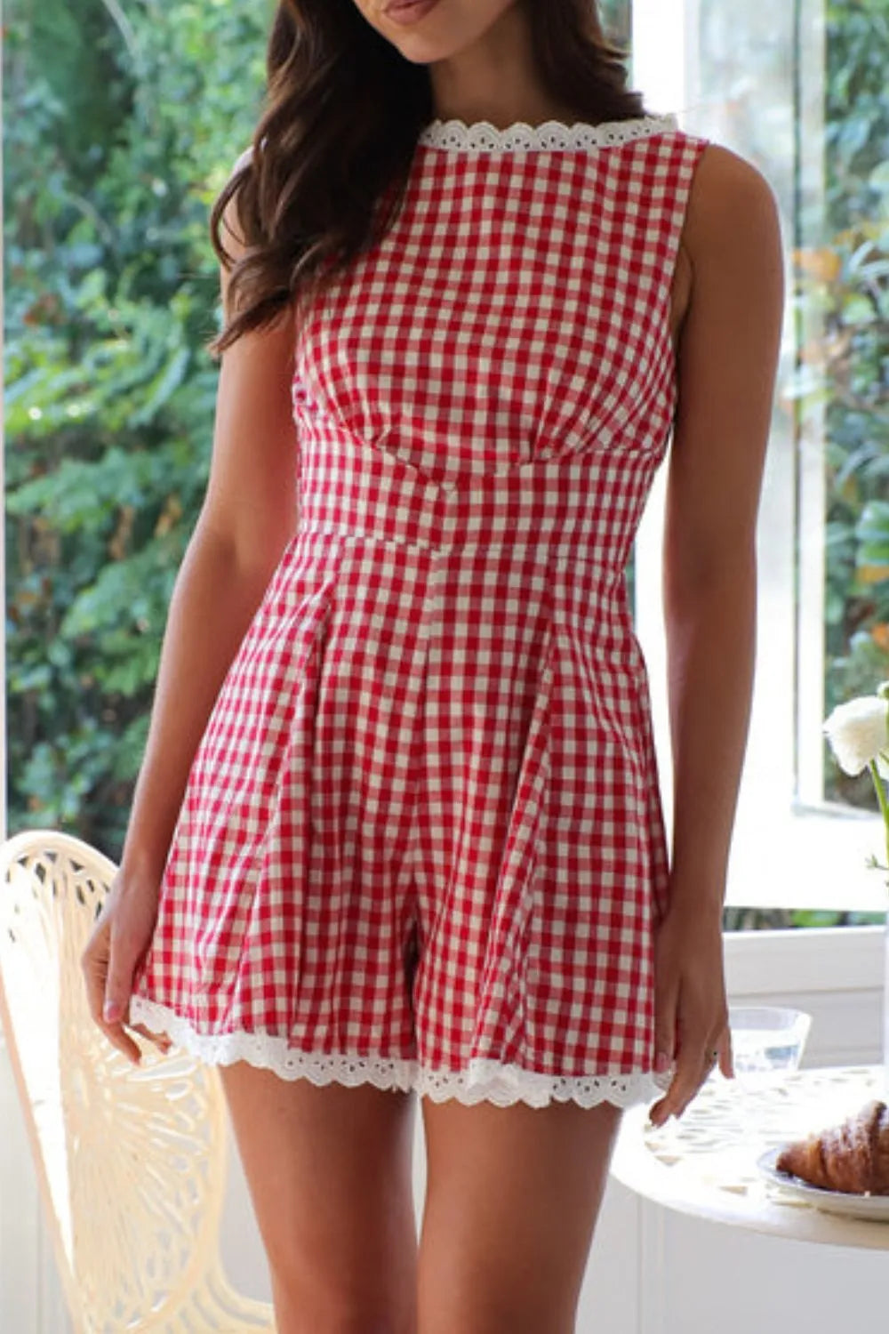 Lace Detail Plaid Sleeveless Romper - Velora Luxury Fashion