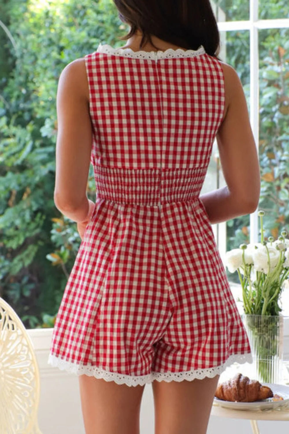 Lace Detail Plaid Sleeveless Romper - Velora Luxury Fashion