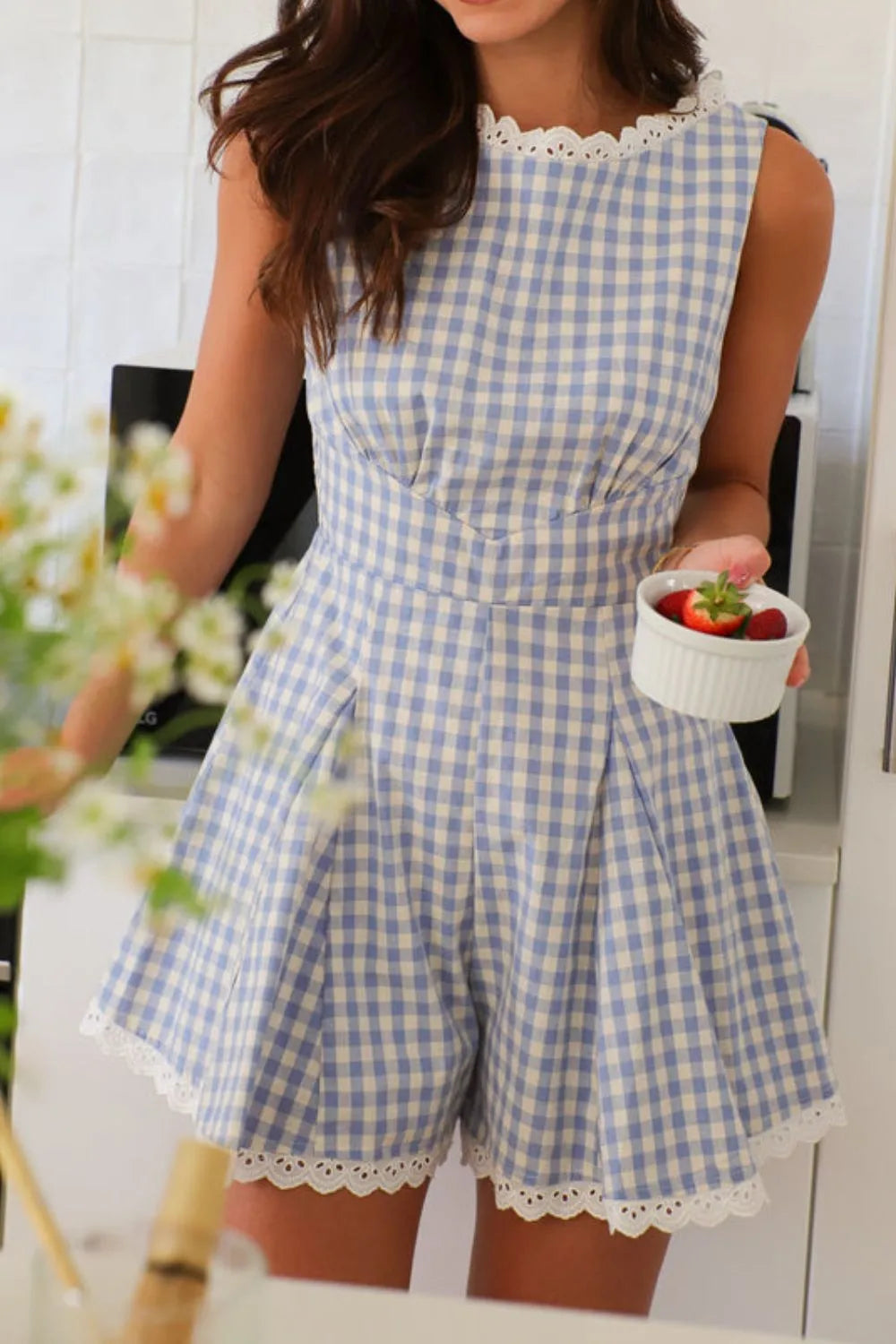 Lace Detail Plaid Sleeveless Romper - Velora Luxury Fashion