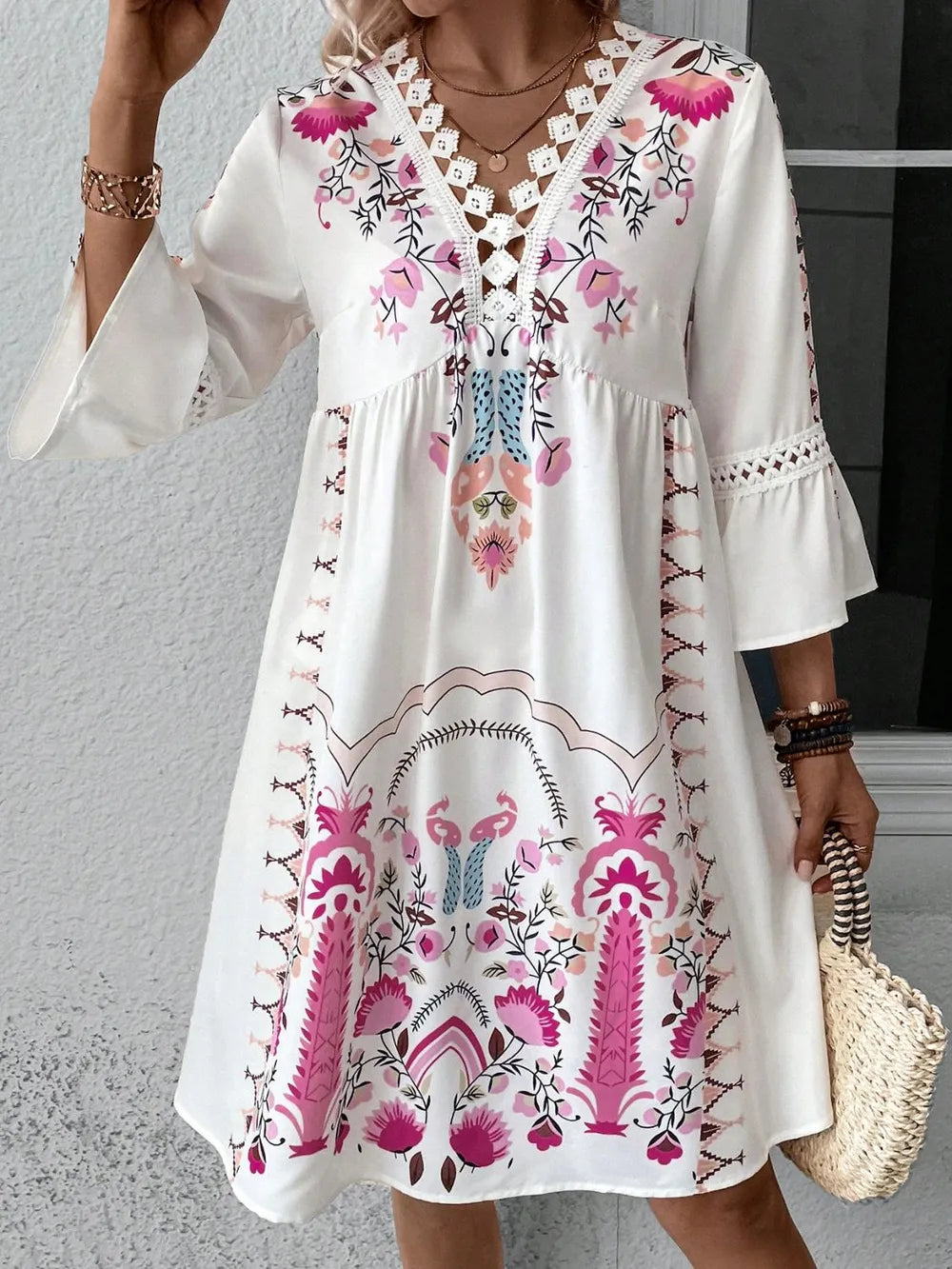 Lace Detail Printed Three-Quarter Sleeve Dress - Velora