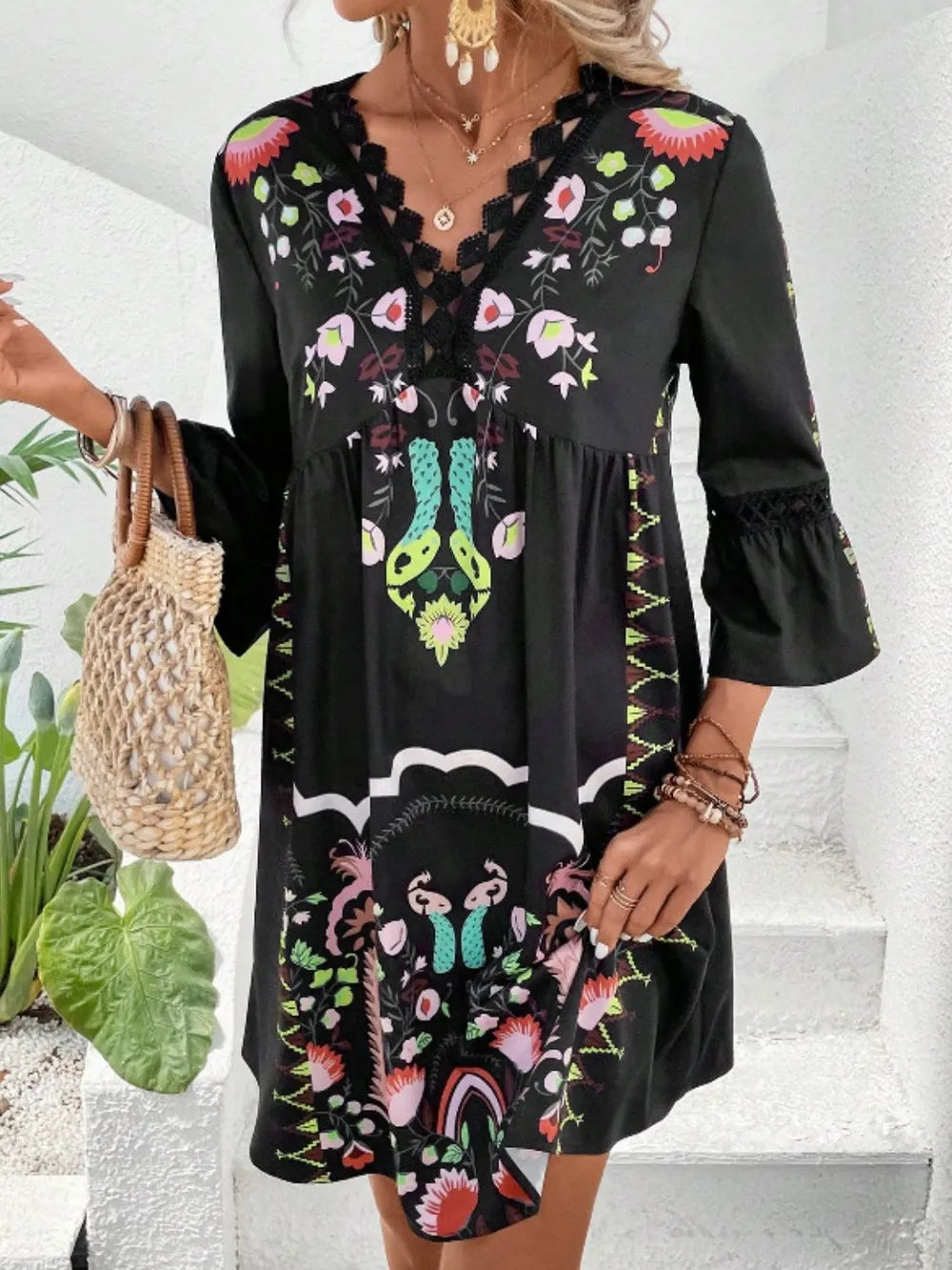 Lace Detail Printed Three-Quarter Sleeve Dress - Velora Luxury Fashion