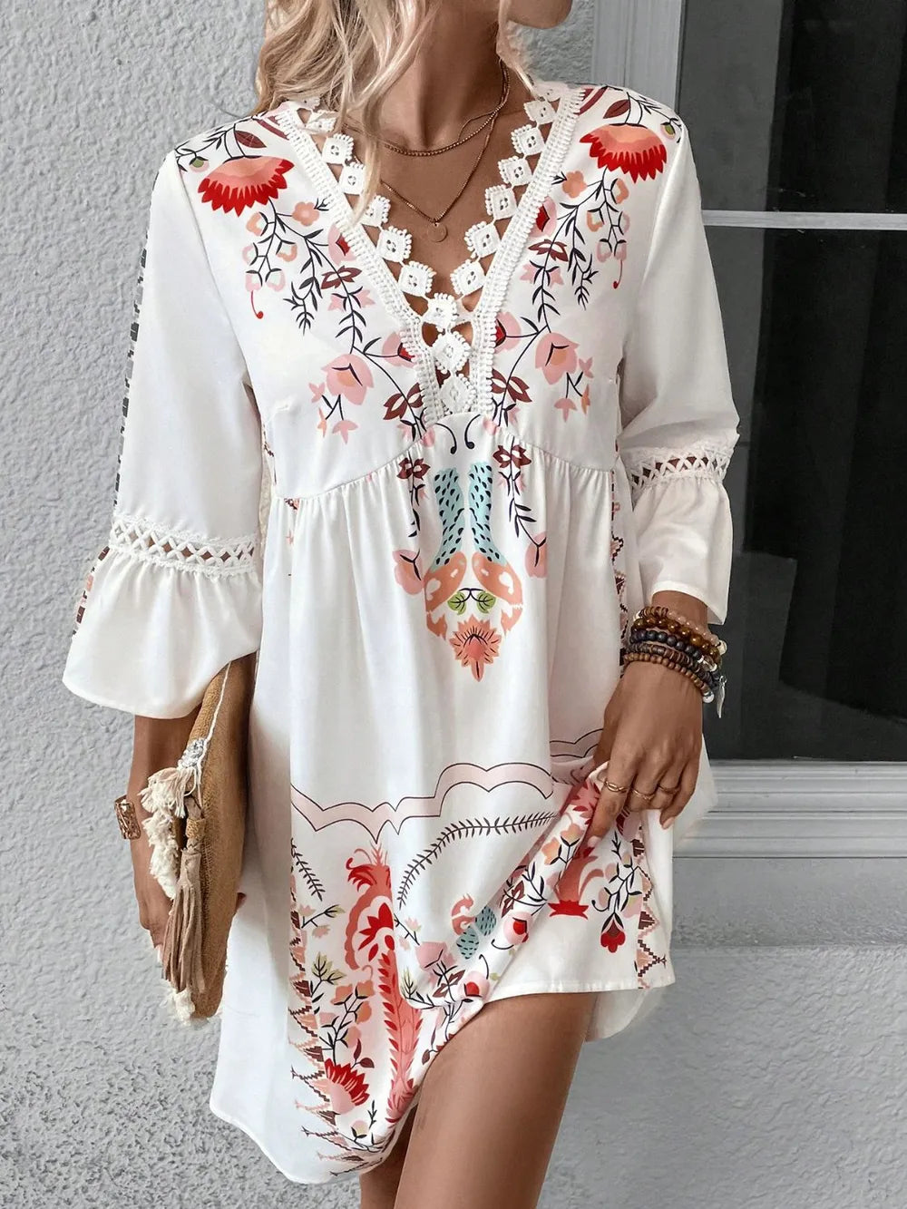 Lace Detail Printed Three-Quarter Sleeve Dress - Velora