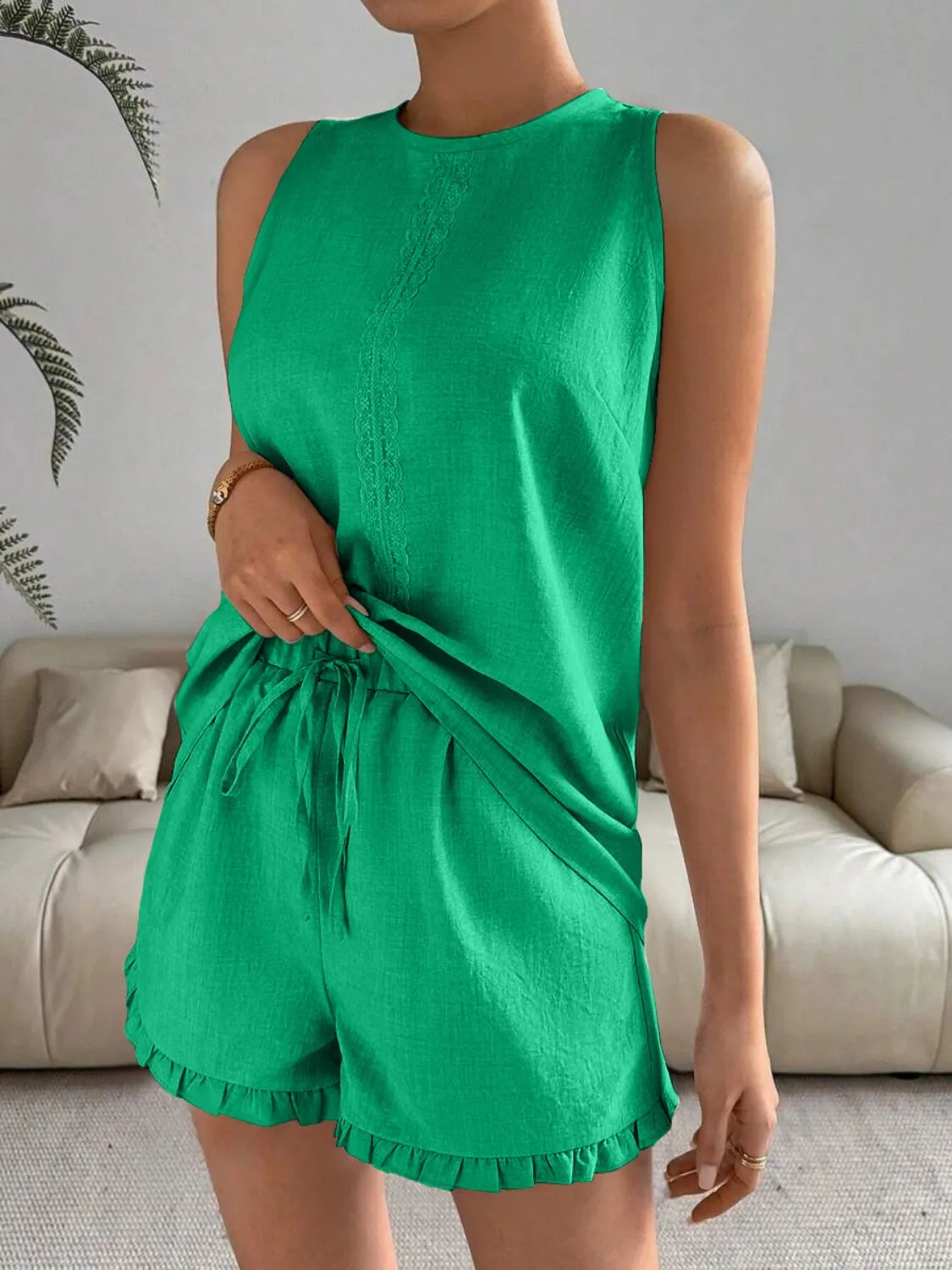 Lace Detail Round Neck Tank and Shorts Set - Velora Luxury Fashion