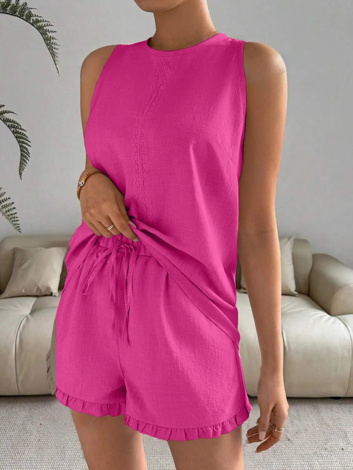 Lace Detail Round Neck Tank and Shorts Set - Velora Luxury Fashion