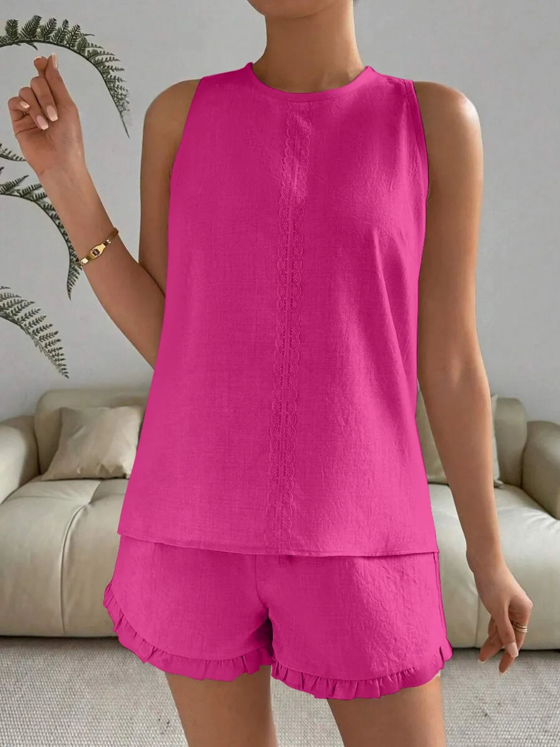 Lace Detail Round Neck Tank and Shorts Set - Velora Luxury Fashion