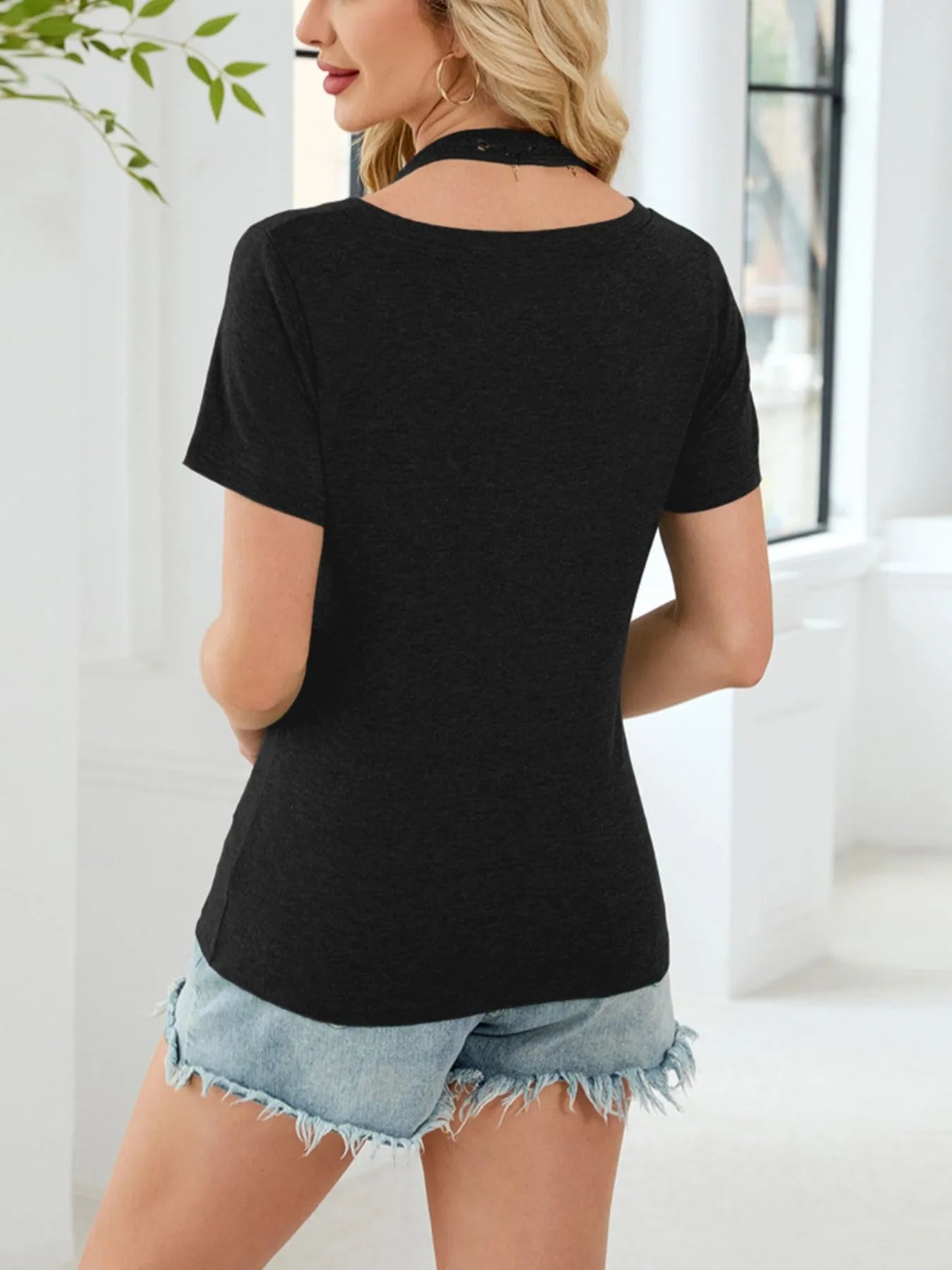 Lace Detail Short Sleeve T-Shirt - Velora Luxury Fashion