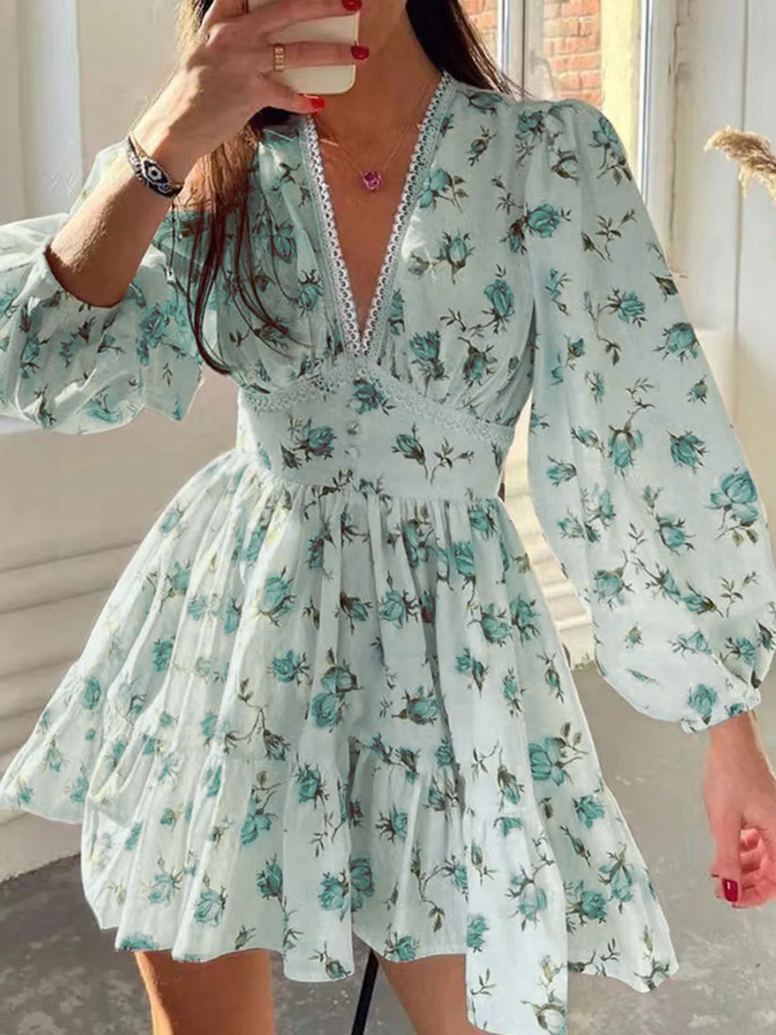 Lace Detail V-Neck Balloon Sleeve Dress - Velora Luxury Fashion