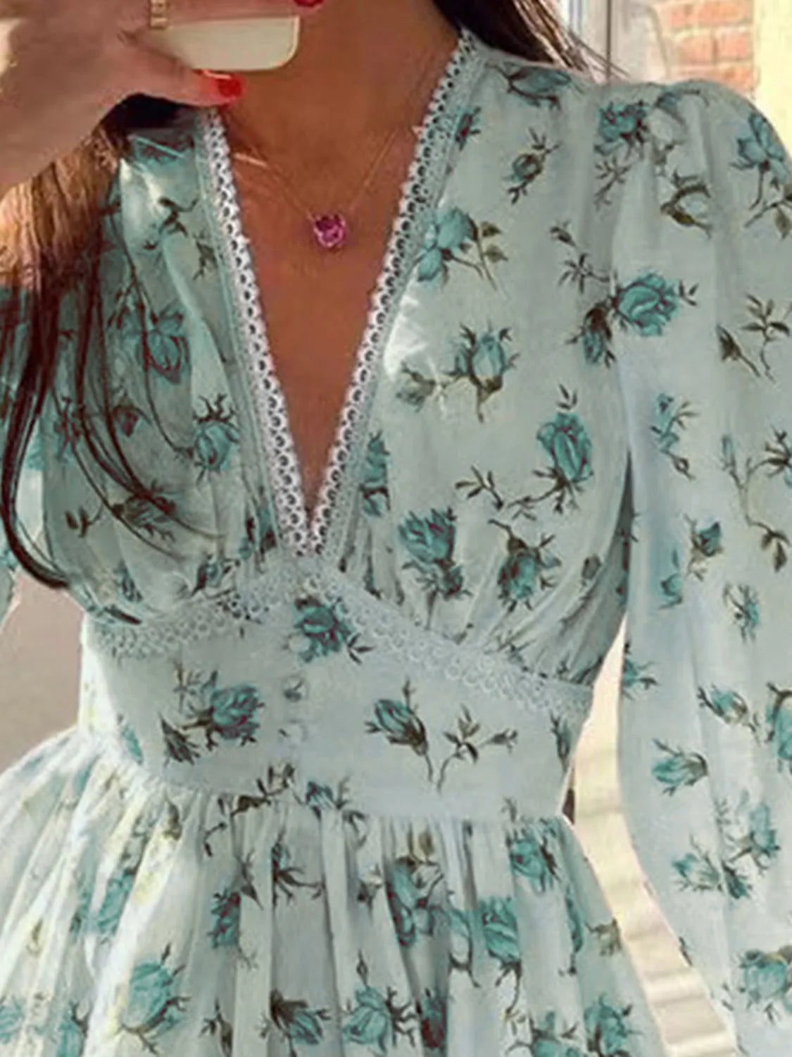 Lace Detail V-Neck Balloon Sleeve Dress - Velora Luxury Fashion