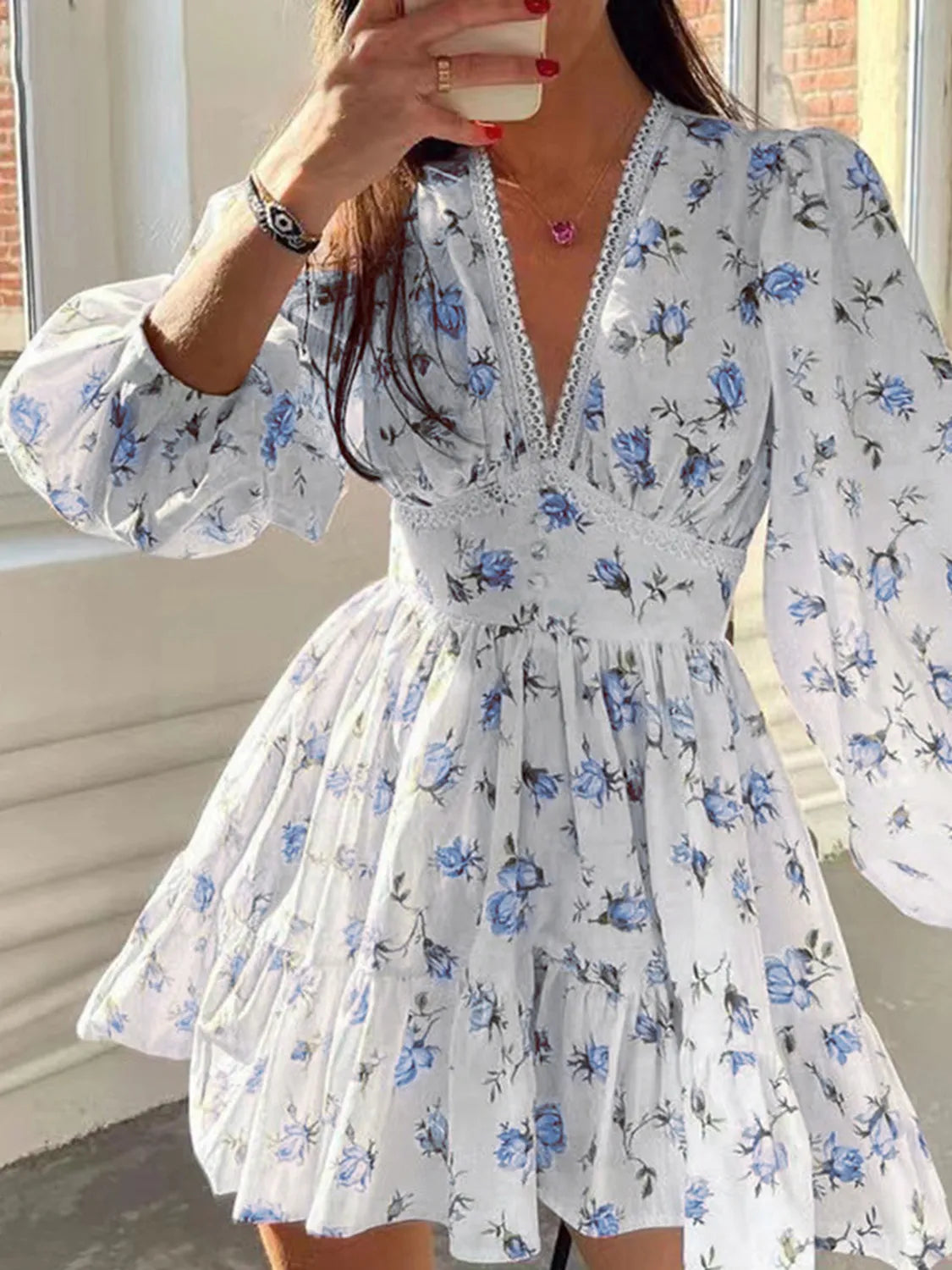 Lace Detail V-Neck Balloon Sleeve Dress - Velora Luxury Fashion