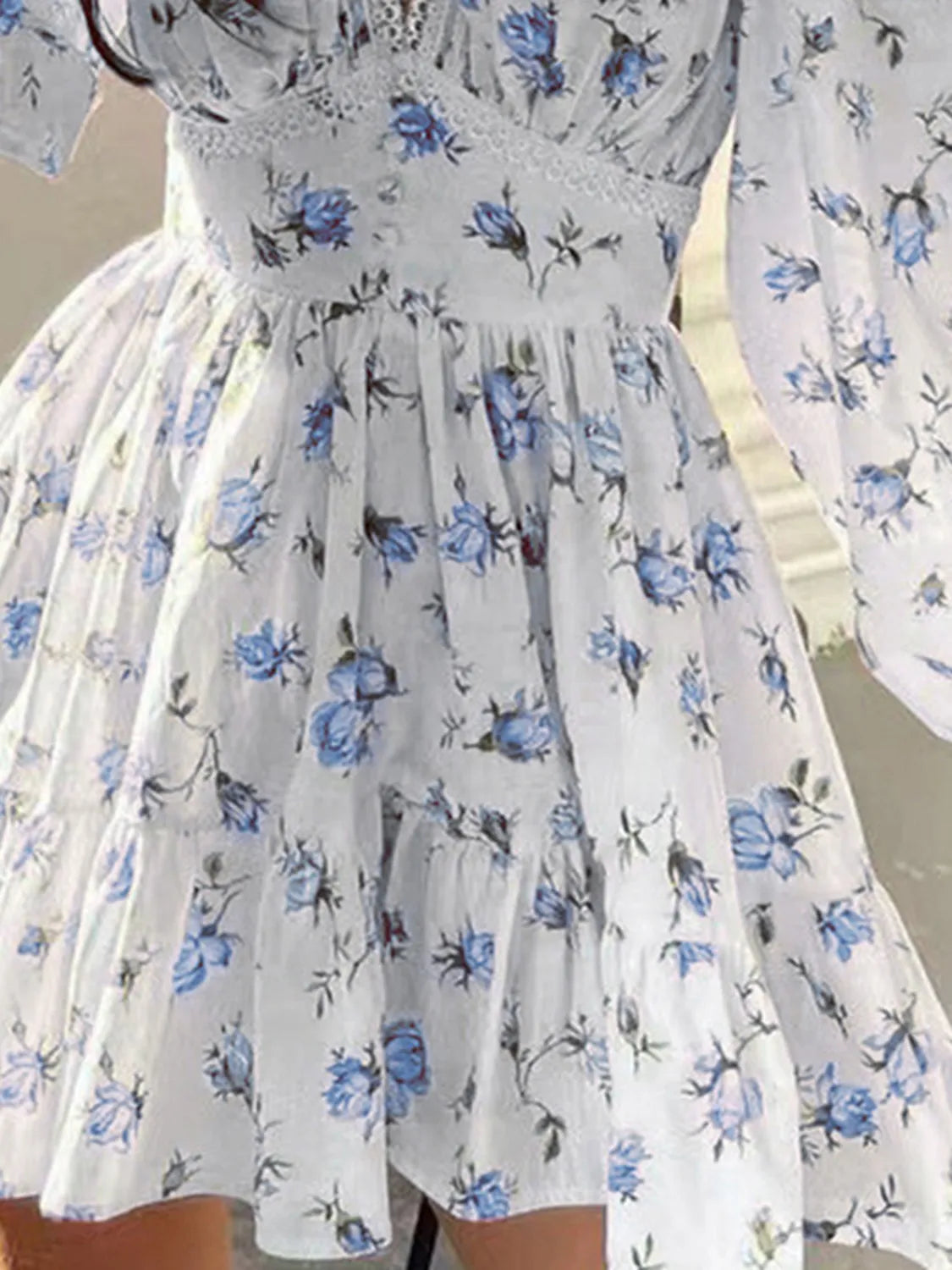 Lace Detail V-Neck Balloon Sleeve Dress - Velora Luxury Fashion