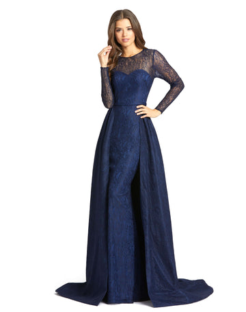 Lace Illusion Long Sleeve Gown with Overlay Skirt - Velora Luxury Fashion