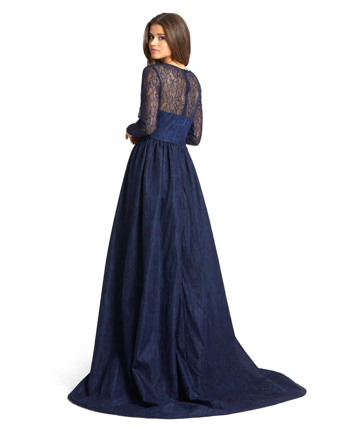 Lace Illusion Long Sleeve Gown with Overlay Skirt - Velora Luxury Fashion