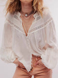 Lace Trim Balloon Sleeve Blouse - Velora Luxury Fashion