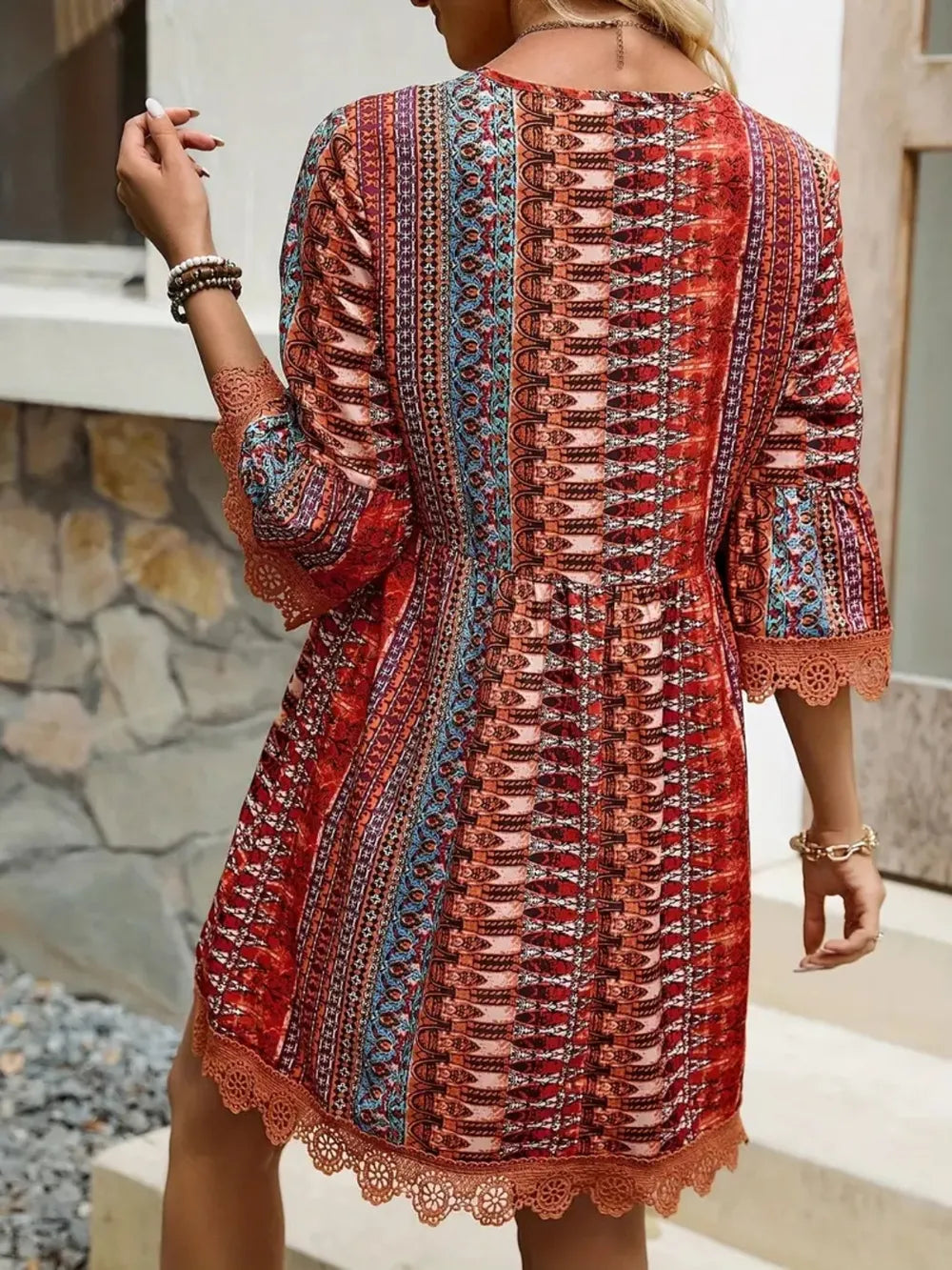 Lace Trim Printed V-Neck 3/4 Sleeve Dress - Velora