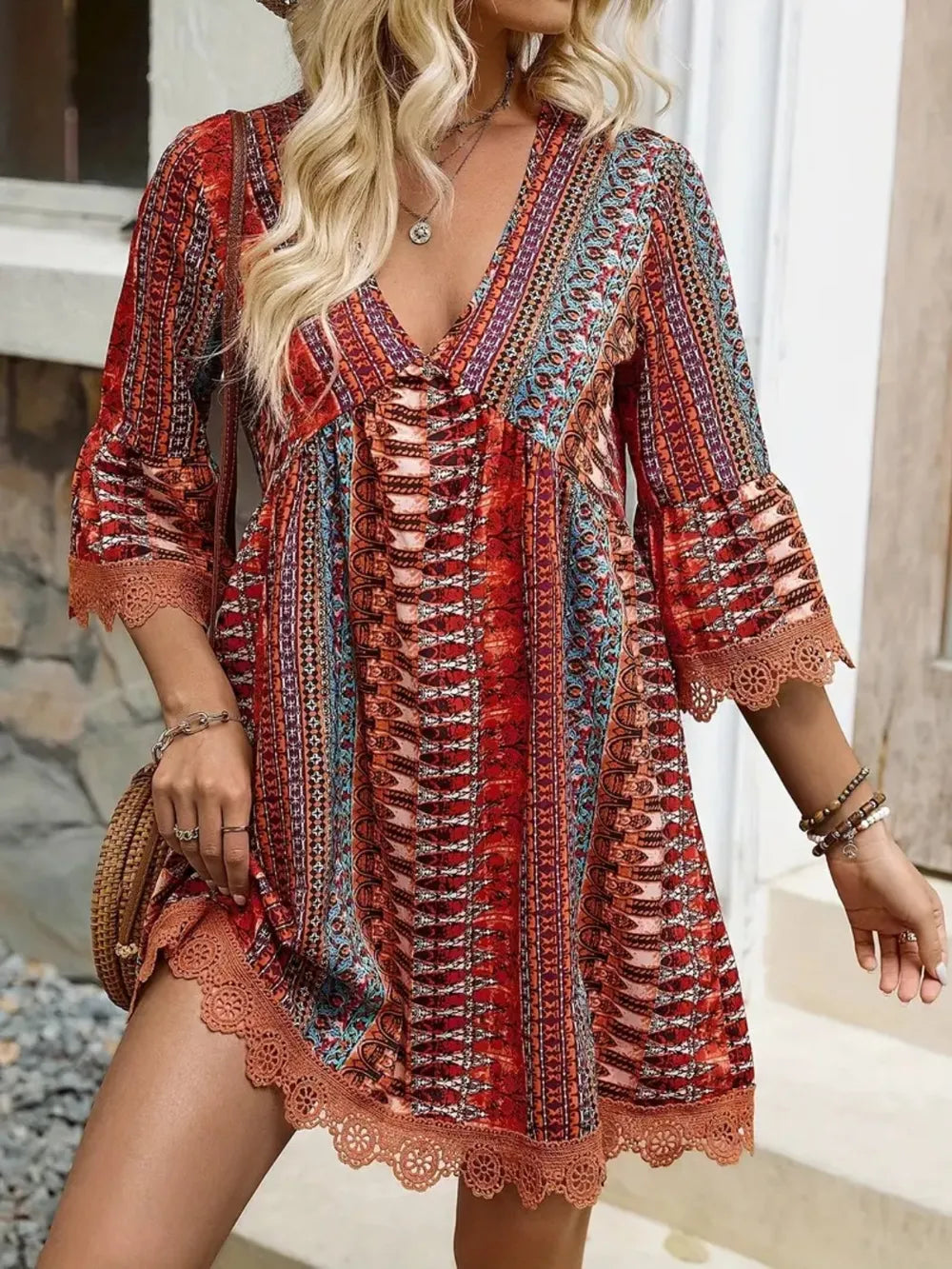 Lace Trim Printed V-Neck 3/4 Sleeve Dress - Velora