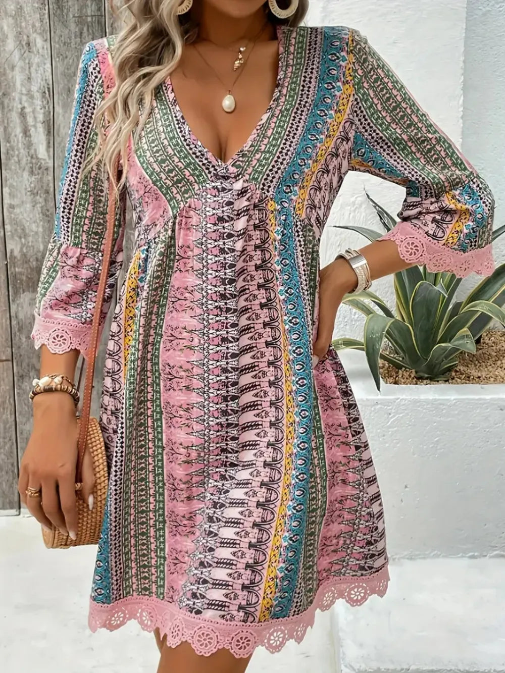Lace Trim Printed V-Neck 3/4 Sleeve Dress - Velora
