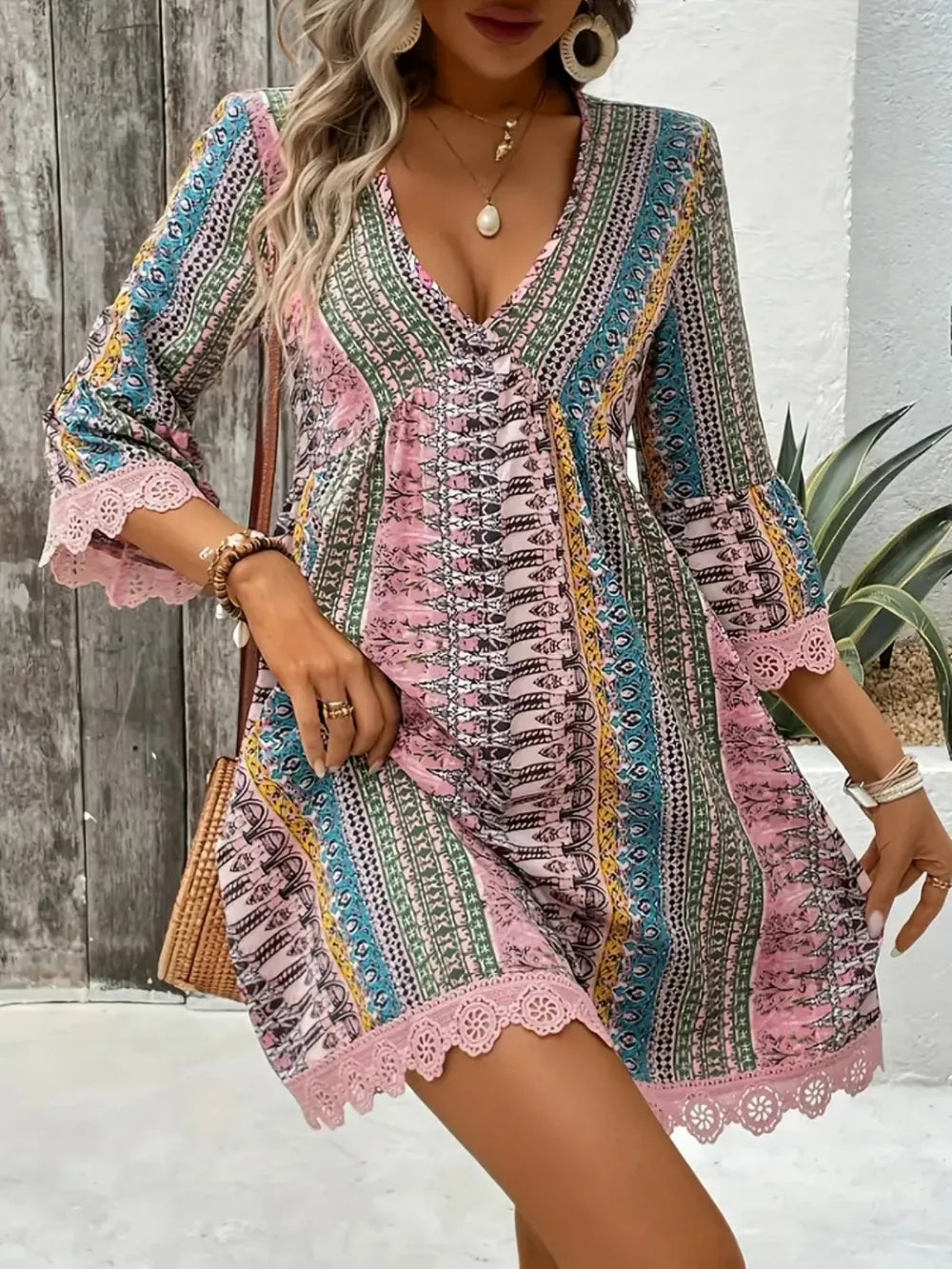 Lace Trim Printed V-Neck 3/4 Sleeve Dress - Velora
