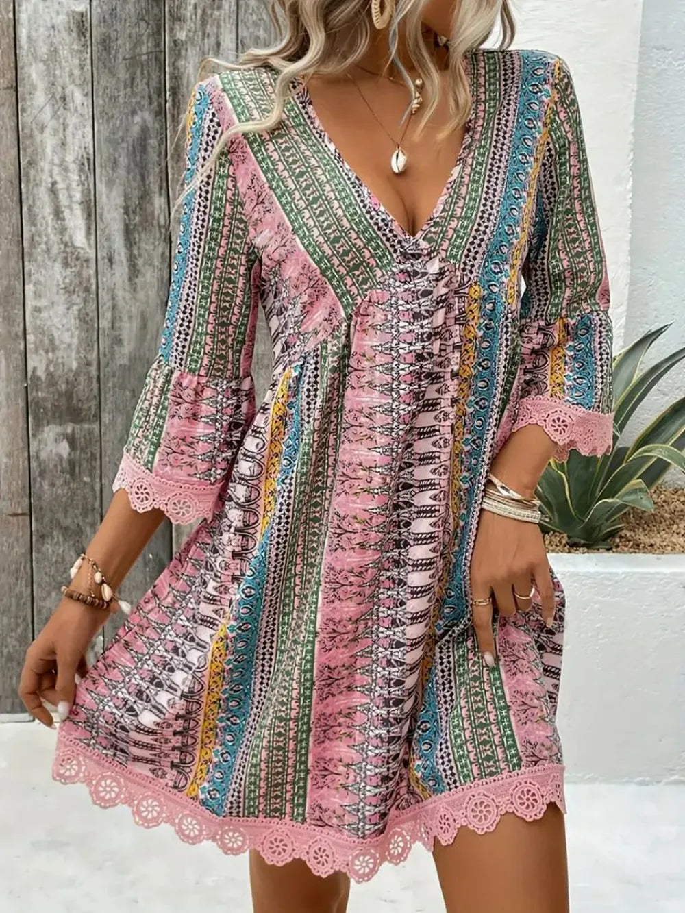 Lace Trim Printed V-Neck 3/4 Sleeve Dress - Velora