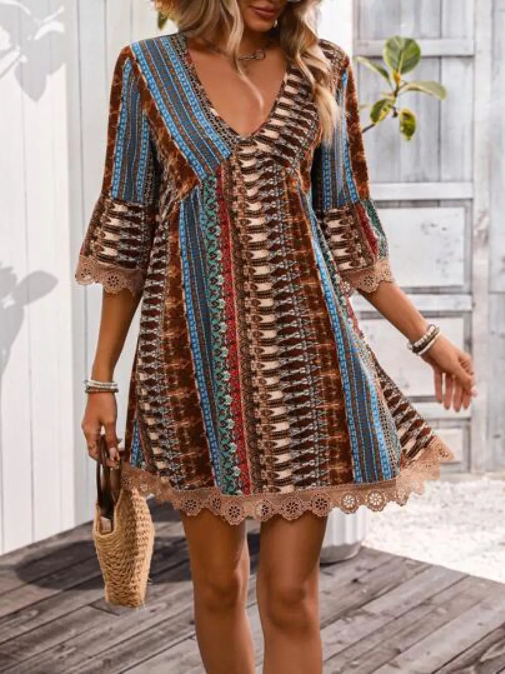 Lace Trim Printed V-Neck 3/4 Sleeve Dress - Velora