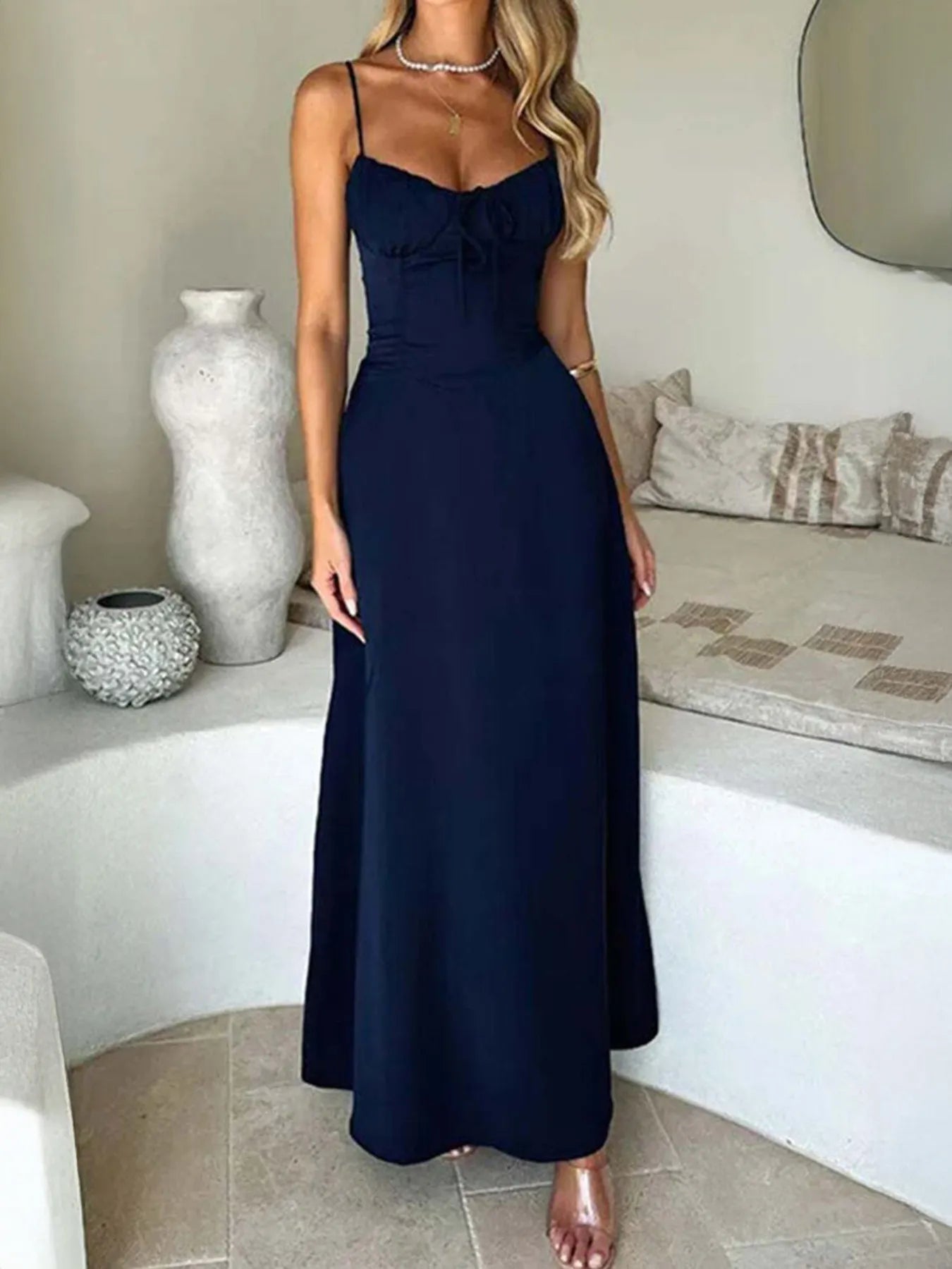 Lace-Up Solid Cami Dress - Velora Luxury Fashion