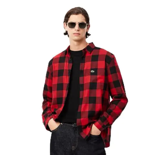 Lacoste Mens Cotton Twill Plaid Overshirt Black/RED 42 - Velora Luxury Fashion