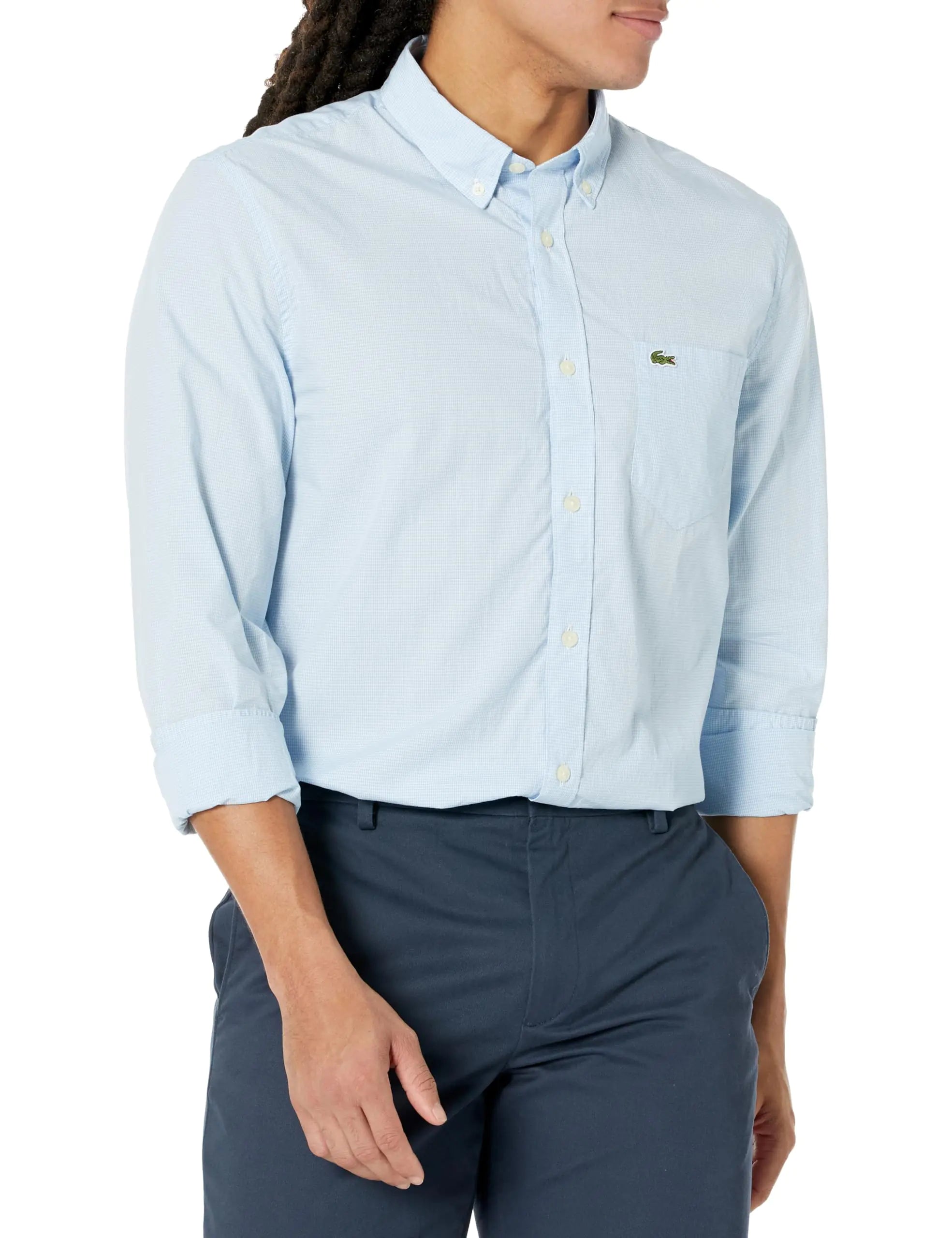 Lacoste Mens Long Sleeve Regular Fit Gingham Button Down Poplin Shirt - Velora Luxury Fashion