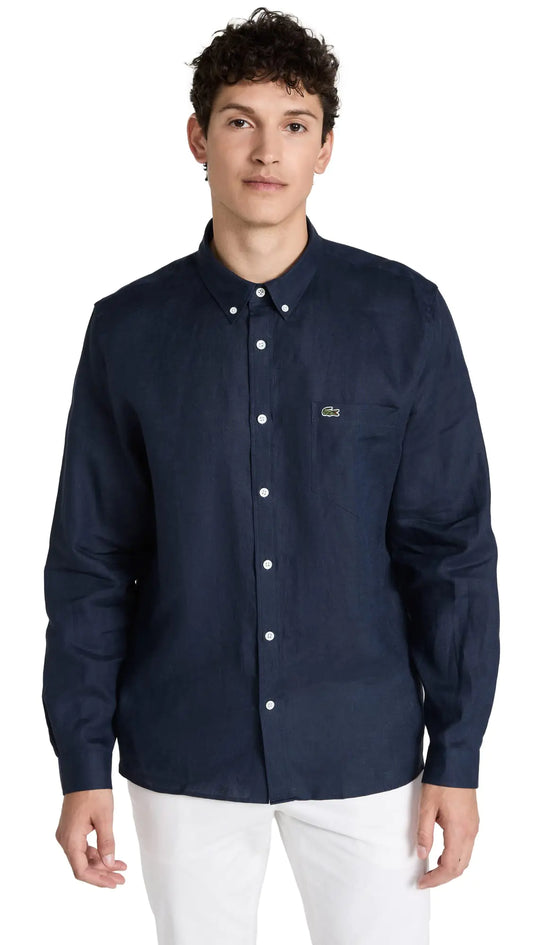 Lacoste Mens Long Sleeve Regular Fit Linen Button Down Shirt Navy Blue - Velora Luxury Fashion