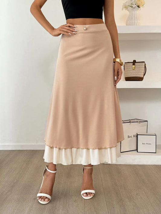 Layered Midi Skirt with Contrast Hem Detail - Velora Luxury Fashion