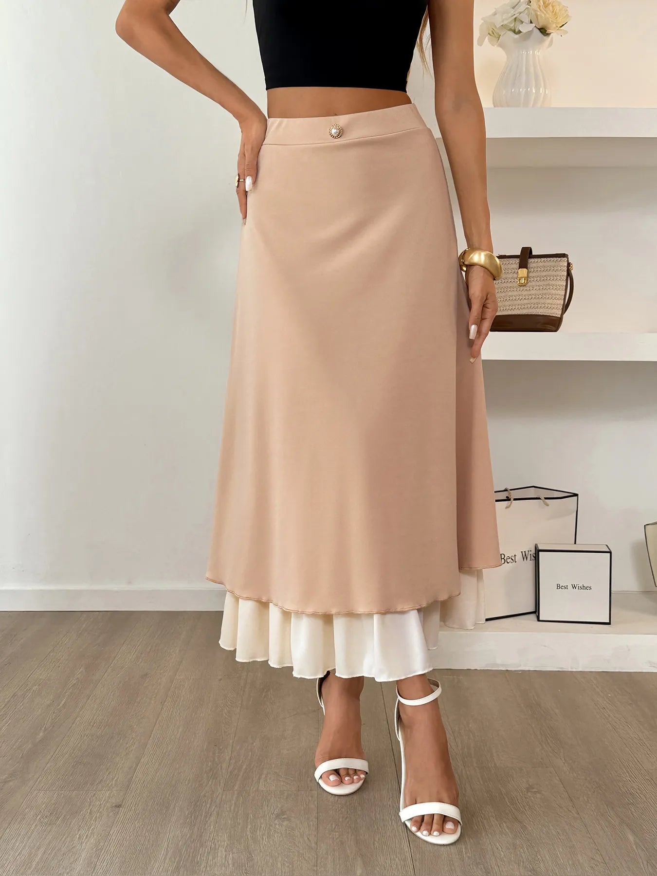 Layered Midi Skirt with Contrast Hem Detail - Velora Luxury Fashion