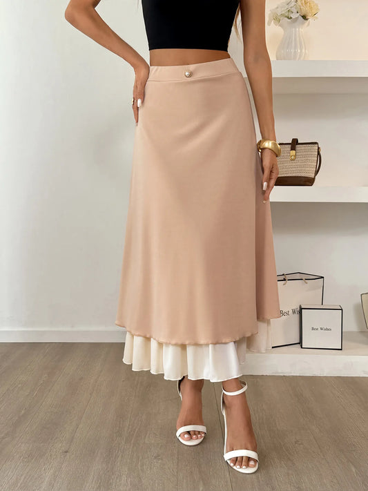 Layered Midi Skirt with Contrast Hem Detail - Velora Luxury Fashion