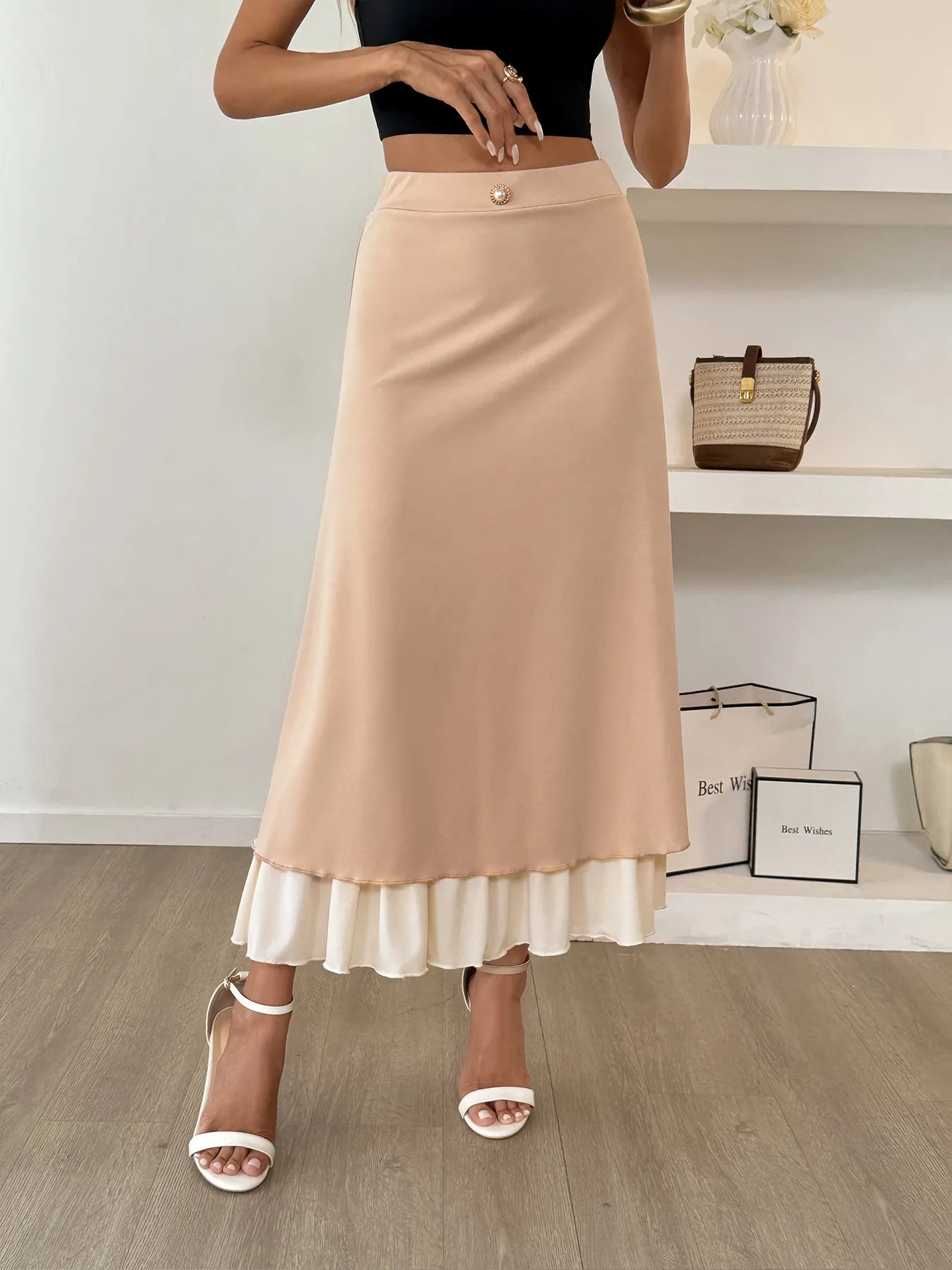 Layered Midi Skirt with Contrast Hem Detail - Velora Luxury Fashion
