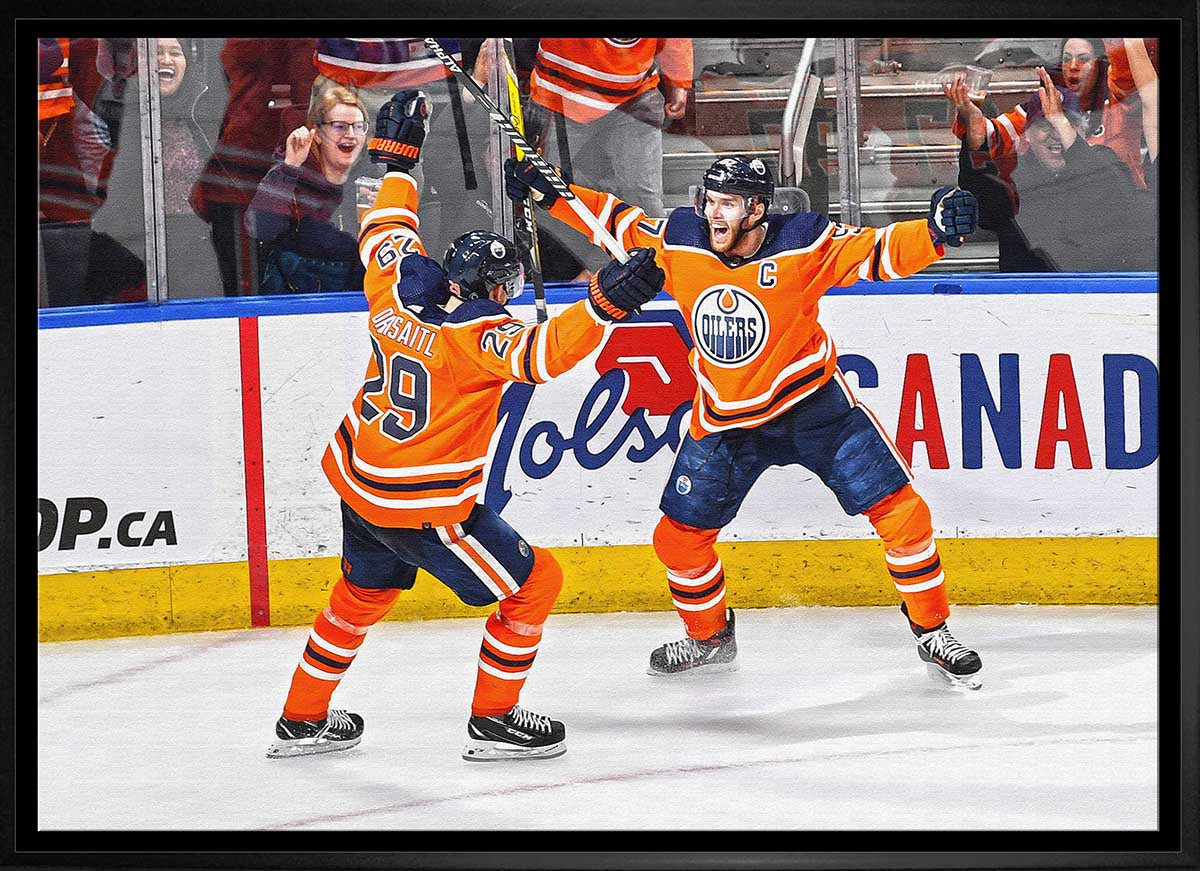 Leon Draisaitl and Connor McDavid 20x29 Framed Canvas Oilers Celebration-H - Velora Luxury Fashion