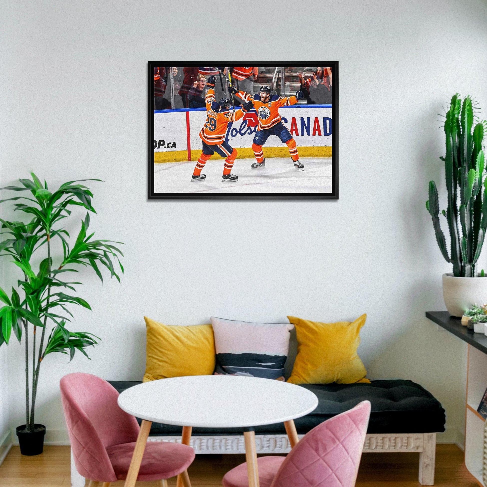 Leon Draisaitl and Connor McDavid 20x29 Framed Canvas Oilers Celebration-H - Velora Luxury Fashion