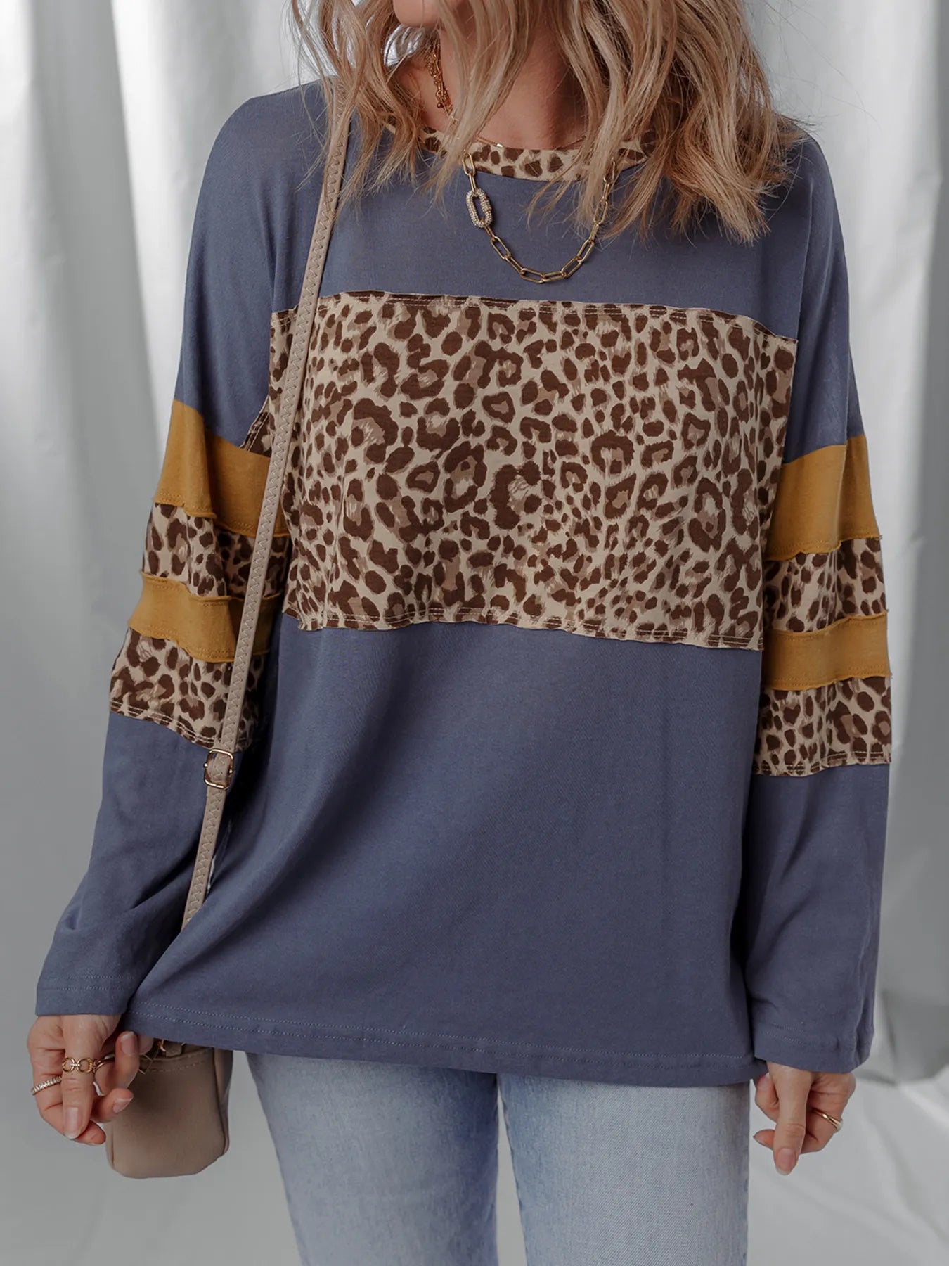 Leopard Color Block Long Sleeve Drop Shoulder Top - Velora Luxury Fashion