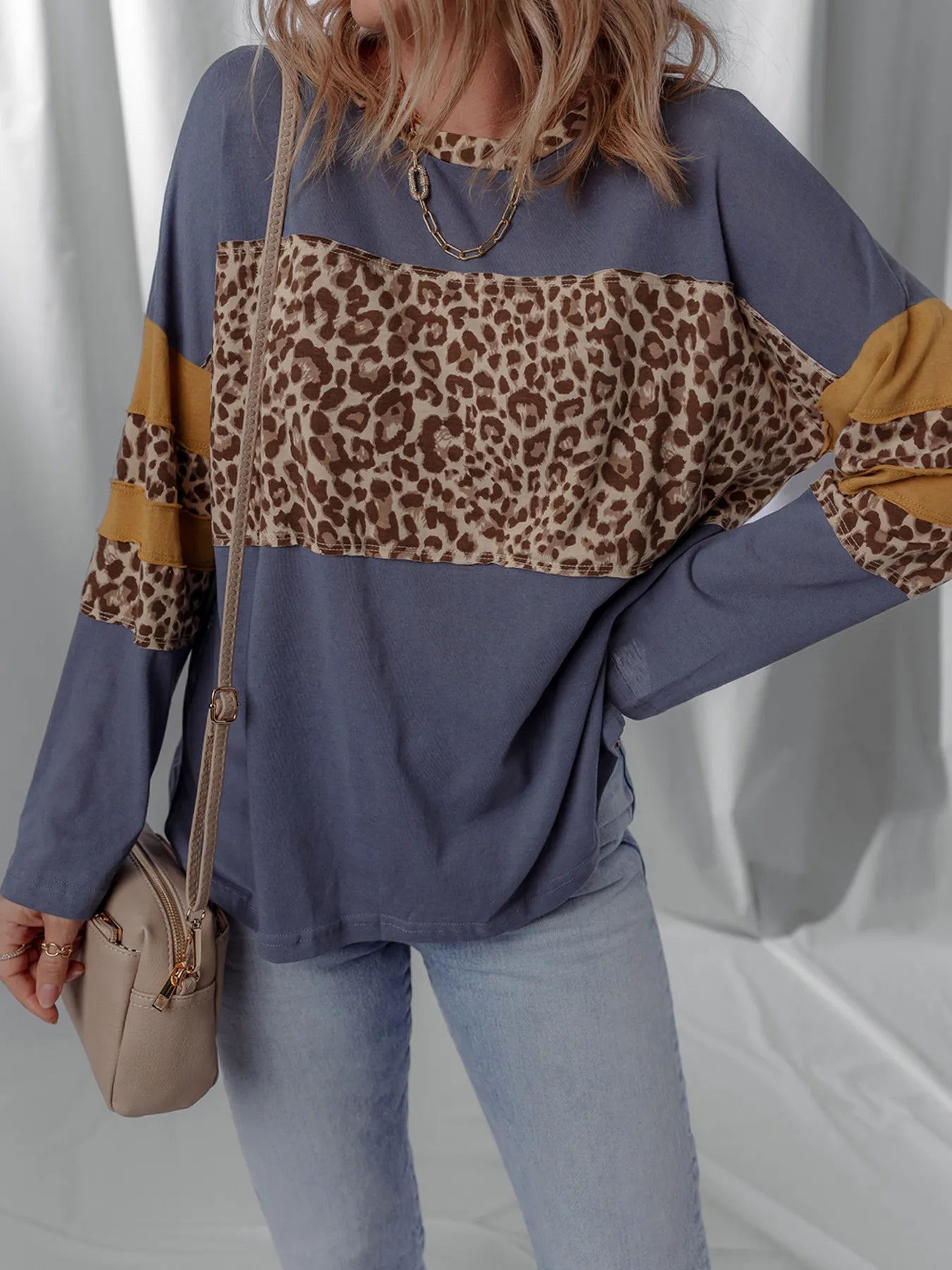 Leopard Color Block Long Sleeve Drop Shoulder Top - Velora Luxury Fashion