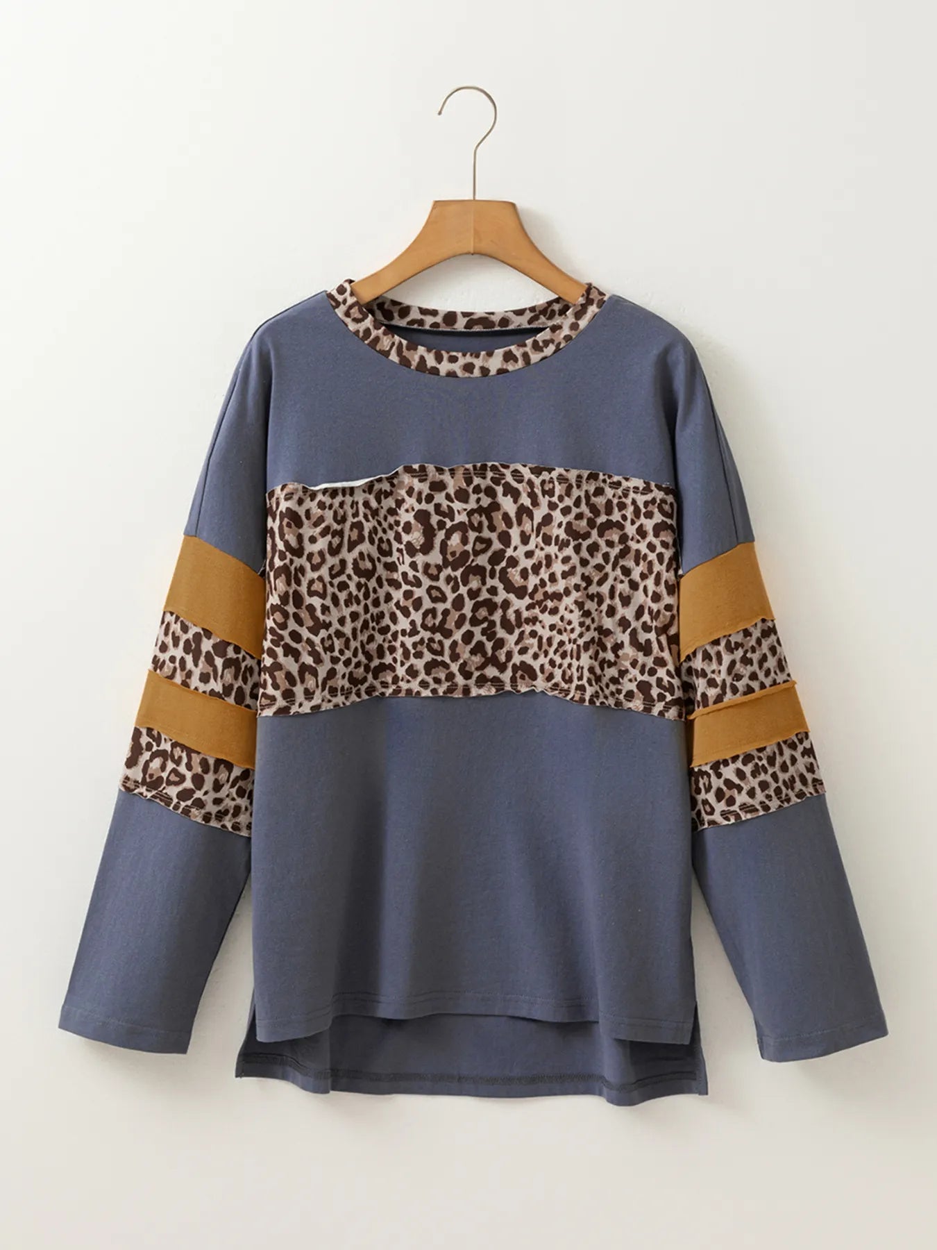 Leopard Color Block Long Sleeve Drop Shoulder Top - Velora Luxury Fashion