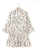 Leopard Print Buttoned Front 3/4 Sleeve Tiered Ruffled Hem Dress - Velora Luxury Fashion
