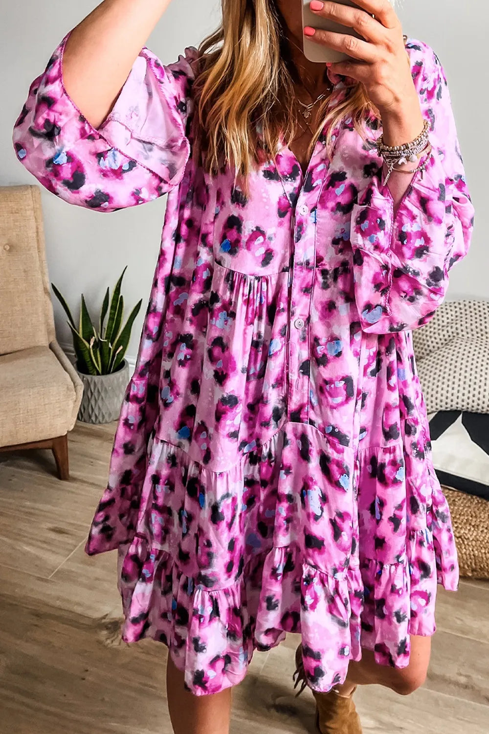 Leopard Print Buttoned Front 3/4 Sleeve Tiered Ruffled Hem Dress - Velora Luxury Fashion