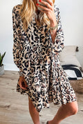 Leopard Print Buttoned Front 3/4 Sleeve Tiered Ruffled Hem Dress - Velora Luxury Fashion