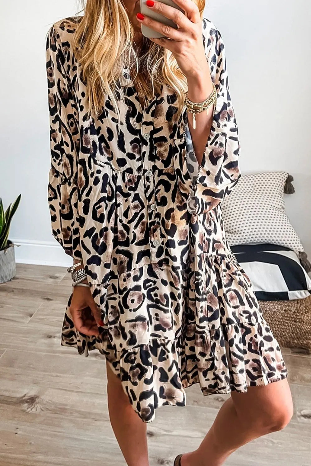 Leopard Print Buttoned Front 3/4 Sleeve Tiered Ruffled Hem Dress - Velora Luxury Fashion