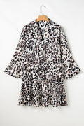 Leopard Print Buttoned Front 3/4 Sleeve Tiered Ruffled Hem Dress - Velora Luxury Fashion