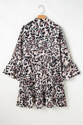 Leopard Print Buttoned Front 3/4 Sleeve Tiered Ruffled Hem Dress - Velora Luxury Fashion
