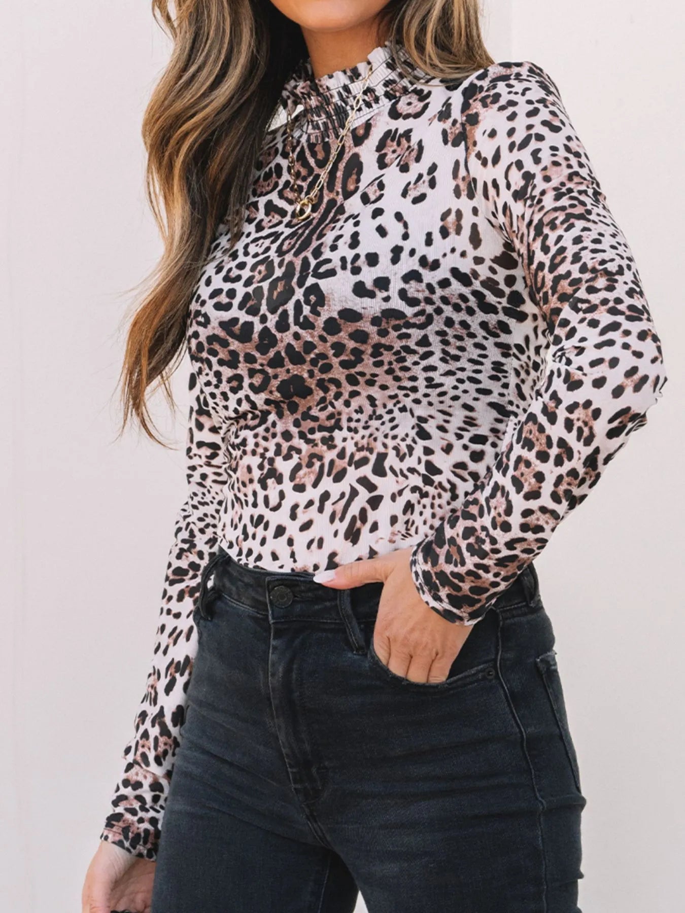 Leopard Print Long Sleeve Mock Neck Bodysuit - Velora Luxury Fashion