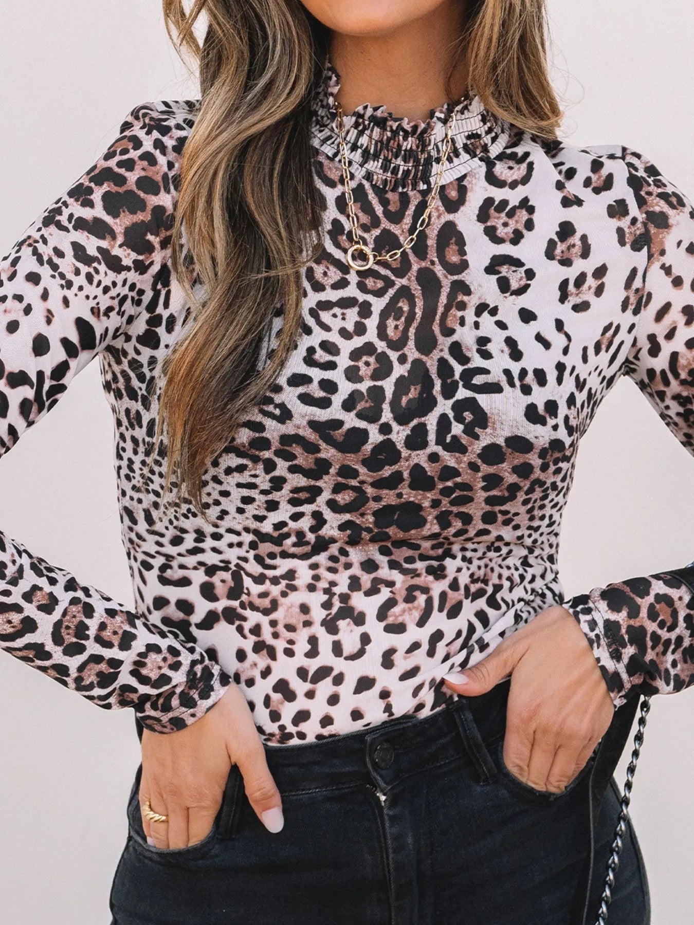 Leopard Print Long Sleeve Mock Neck Bodysuit - Velora Luxury Fashion