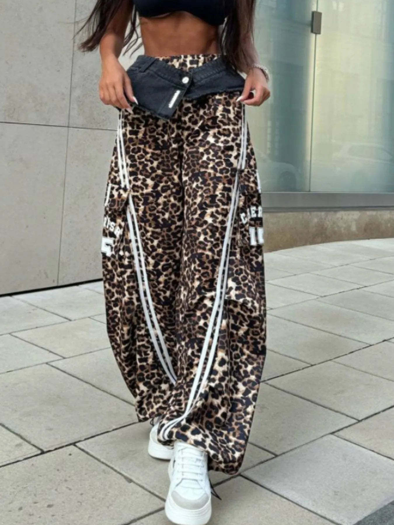 Leopard Print Wide Leg Pants with Side Stripe Detail - Velora Luxury Fashion