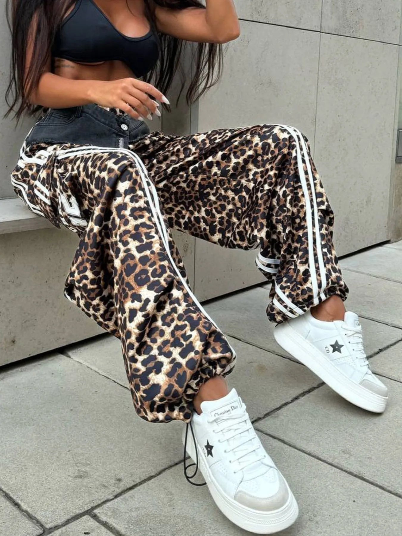 Leopard Print Wide Leg Pants with Side Stripe Detail - Velora Luxury Fashion