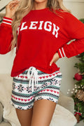 Letter Graphic Round Neck Top and Printed Shorts Lounge Set - Velora Luxury Fashion