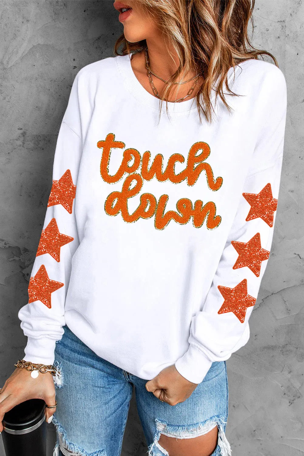 Letter & Star Round Neck Long Sleeve Sweatshirt - Velora Luxury Fashion