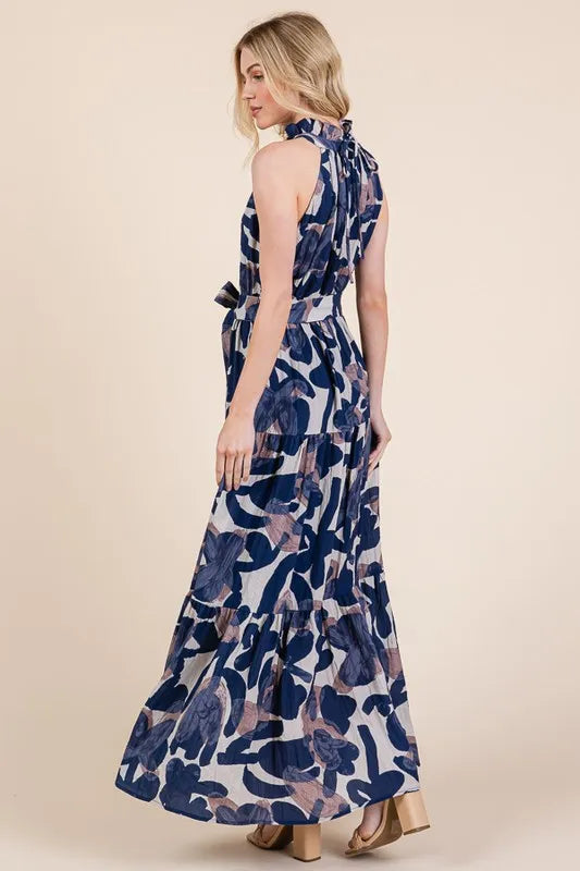 Lime 'N' Chili Abstract Halter Neck Tie-Waist Tiered Maxi Dress - Velora Luxury Fashion